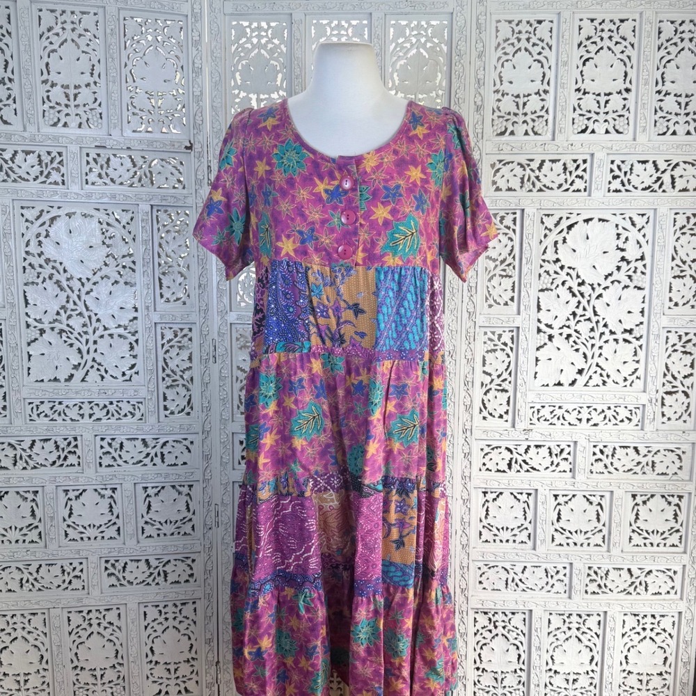 Vtg 80's Floral Patchwork Oversized Midi Dress Womens Medium Retro Lagenlook